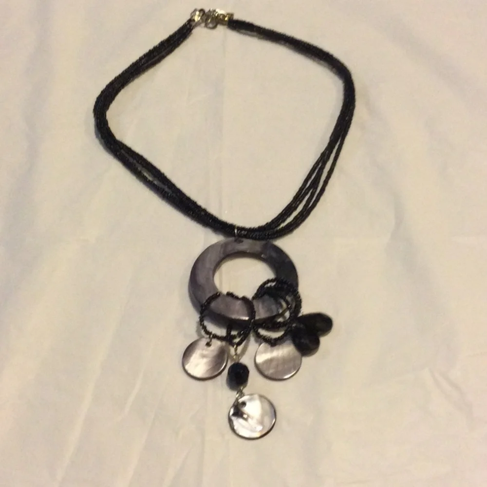 Vintage Multi-Strand Black and Gray Beaded Necklace w/Shell Pendant